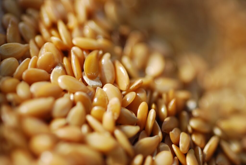 Close view of natural brown flaxseeds