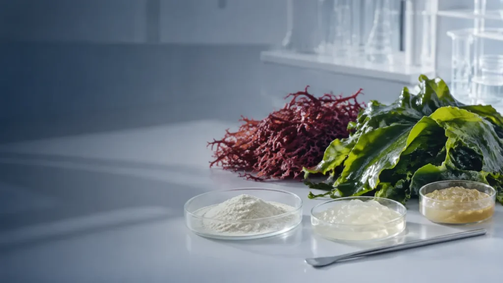 Seaweed, hydrocolloid powder and gel samples arranged for food formulation evaluation